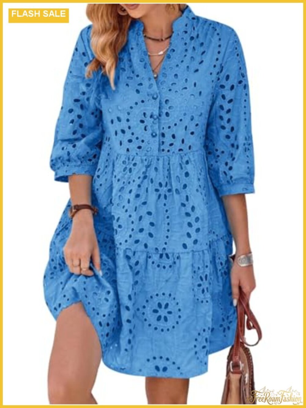Women's Eyelet Lace Midi Dress V Neck Puff 3/4 Sleeve Button Tiered A-Line Sun